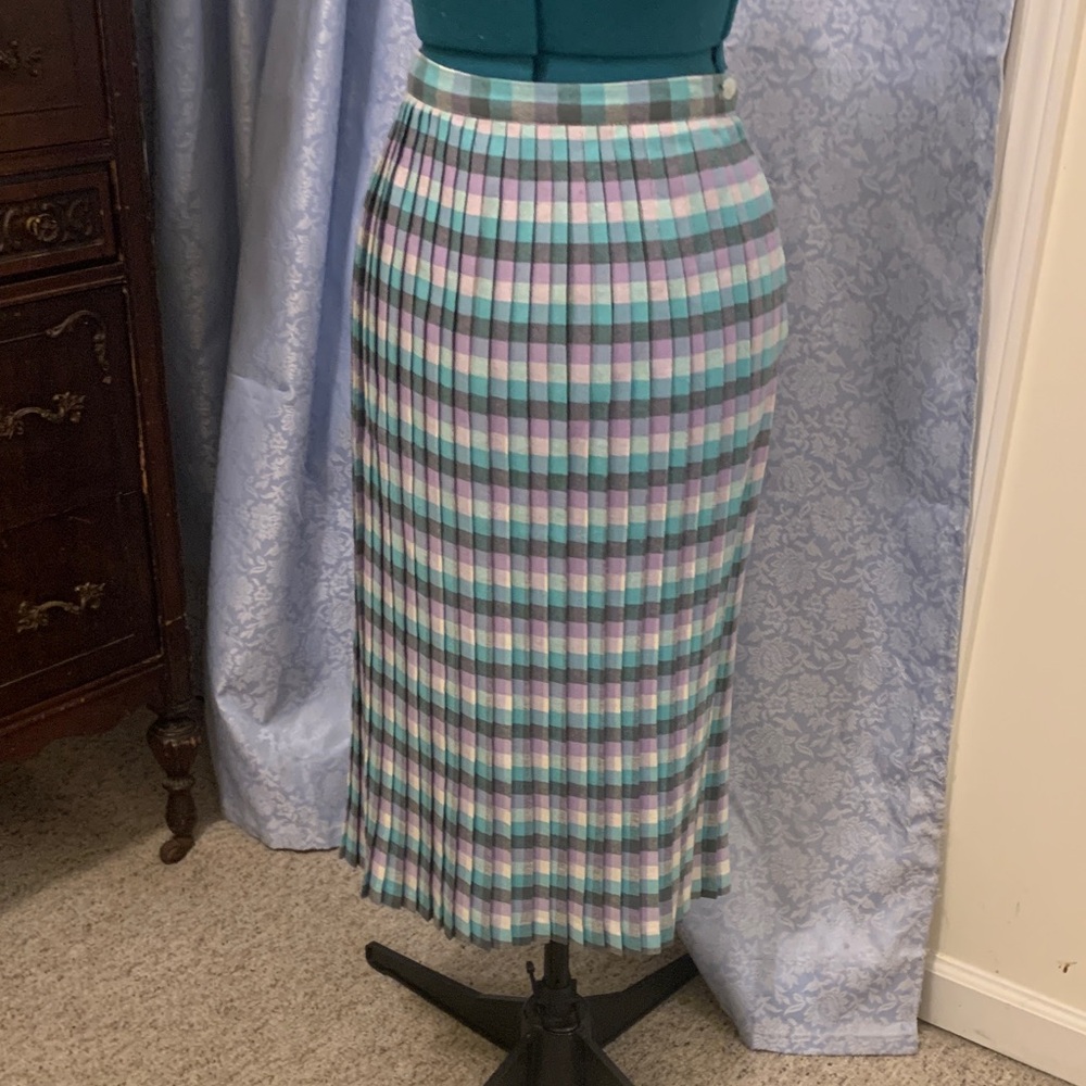 Vintage Wool Plaid Pleated Midi Skirt